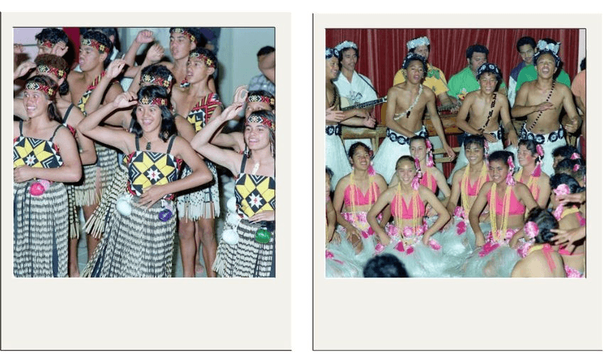 Two photos of people in traditional Pacific Island attire. Left: A group wearing patterned tops and skirts with headbands, smiling and dancing. Right: Another group in colourful pink tops and skirts, some wearing floral crowns, also smiling and dancing. The photos look old, they are from the 1980s.