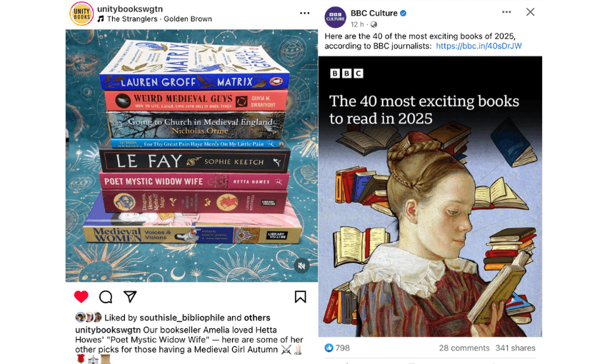 Screengrabs of social media accounts. The first is a bookstack of Medieval books from Unity Books. The Second is an image of a Medieval looking girl reading, from the BBC.