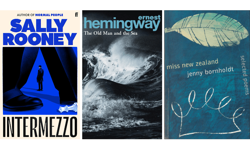 Cover images of Intermezzo by Sally Rooney, The Old Man and the Sea by Ernest Hemingway, and miss new zealand by jenny bornholdt.