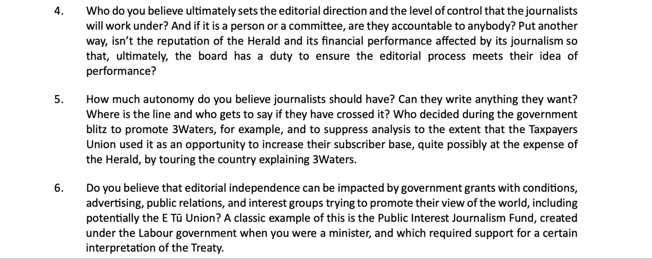 Image of a letter written by Jim Grenon and sent to E tū union with several questions regarding journalism and editorial independence. The questions discuss control, autonomy, influence of government grants, and the Public Interest Journalism Fund related to interpreting the Treaty.