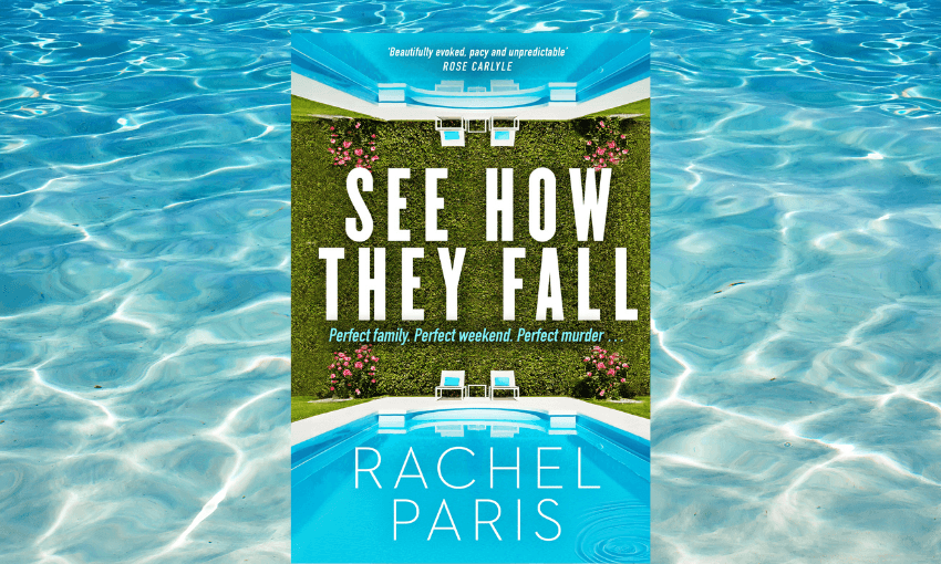 The cover of See how they fall by Rachel Paris (which shows an expensive swimming pool), with blue water in the background.