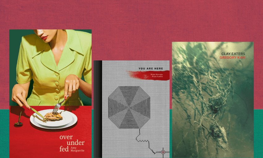 Three book covers against a textured, coloured background in red and green.