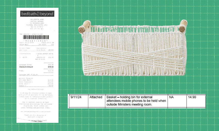 A receipt from Bed Bath & Beyond is on the left, showing purchases. On the right, there's a white woven basket on a green grid background. Below it, a label describes it as a holding bin for mobile phones outside a Ministers meeting room, priced at 14.90.