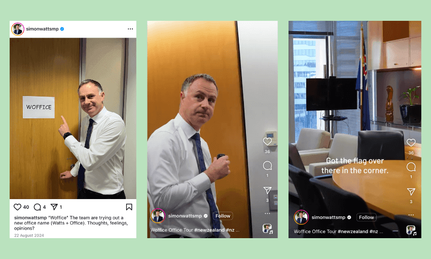 Three Instagram screenshots of Simon Watts, wearing a shirt and tie, in an office setting with a sign reading "WOFFICE" on the door. The sequence shows them pointing at the sign and next to an office corner with a flag.