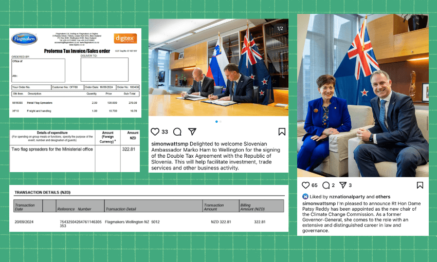 A collage of images featuring a tax invoice, a signing ceremony with flags and officials, and two people sitting.