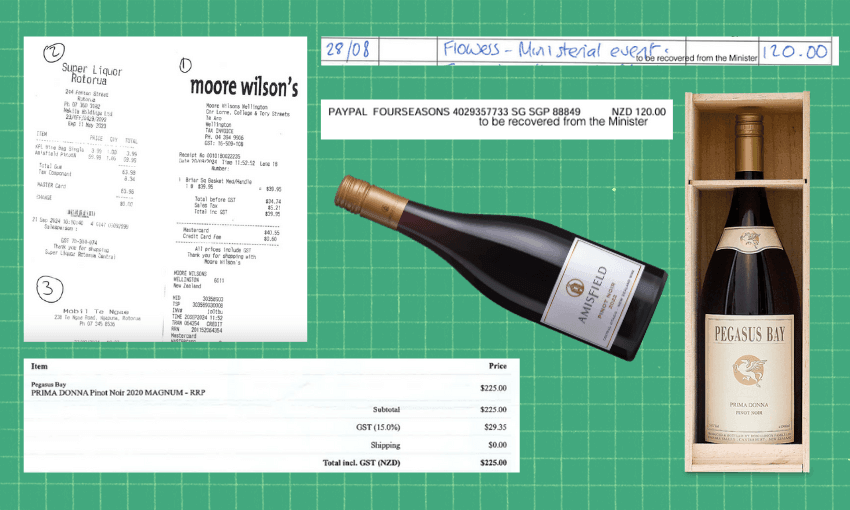 A grocery receipt, two bottles of wine, and a wooden wine box on a green grid background. Items include a LouAmisfield wine and Pegasus Bay Pinot Noir. Handwritten notes and prices are visible.