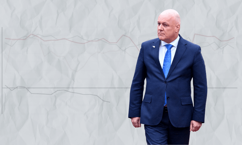 A man in a blue suit and tie, New Zealand prime minister Christopher Luxon, walks in front of a crumpled paper background displaying a faint and indistinct line graph.