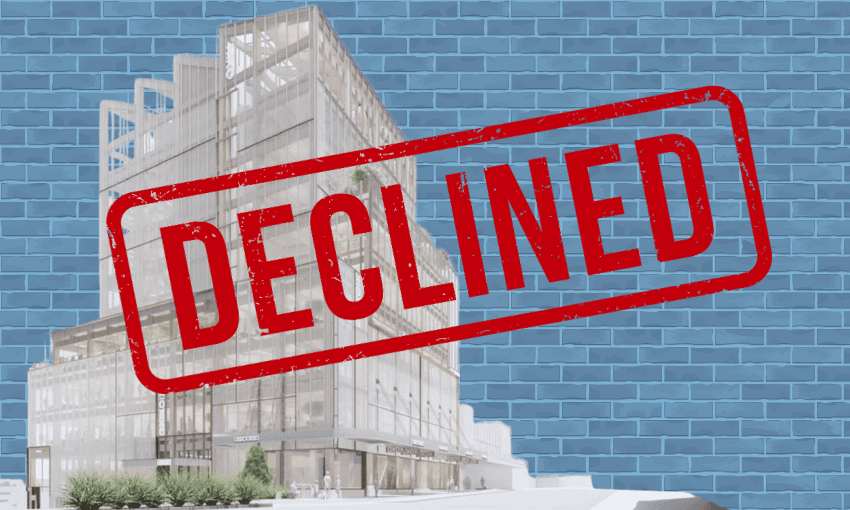 A modern building design with a large red "DECLINED" stamp over it, set against a blue brick wall background.