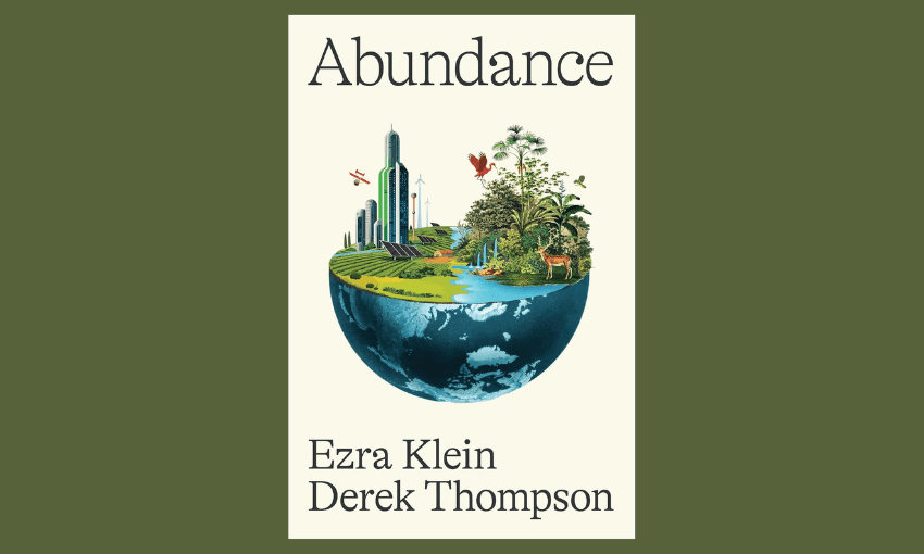 Book cover titled "Abundance" by Ezra Klein and Derek Thompson. It features a stylized Earth with half submerged underwater and the other half showing a futuristic cityscape with greenery, wildlife, and birds. The background is olive green.
