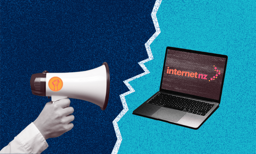 A megaphone held by a hand is pointed towards an open laptop displaying the text "internetnz." The background is split into dark blue and light blue sections, creating a dynamic, contrasting effect.