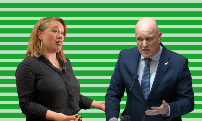 A woman (Tory Whanau) in a black shirt gestures while speaking to a man in a suit (Chris Luxon) at a podium. The background is green with white horizontal stripes.