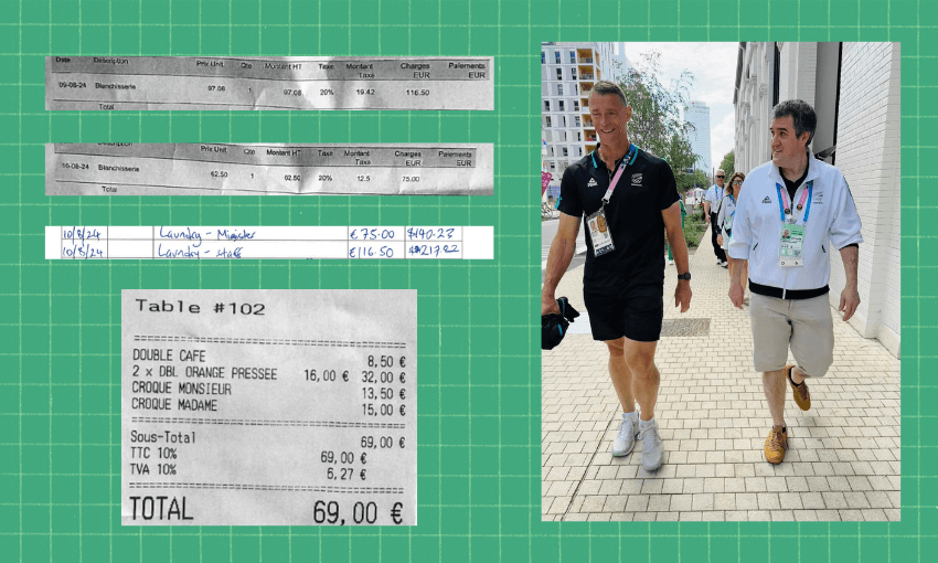 A collage featuring two people walking outdoors in casual attire on the right. To the left, there are several overlapping receipts and handwritten notes displaying various charges and tips in euros. The background is a green grid pattern.