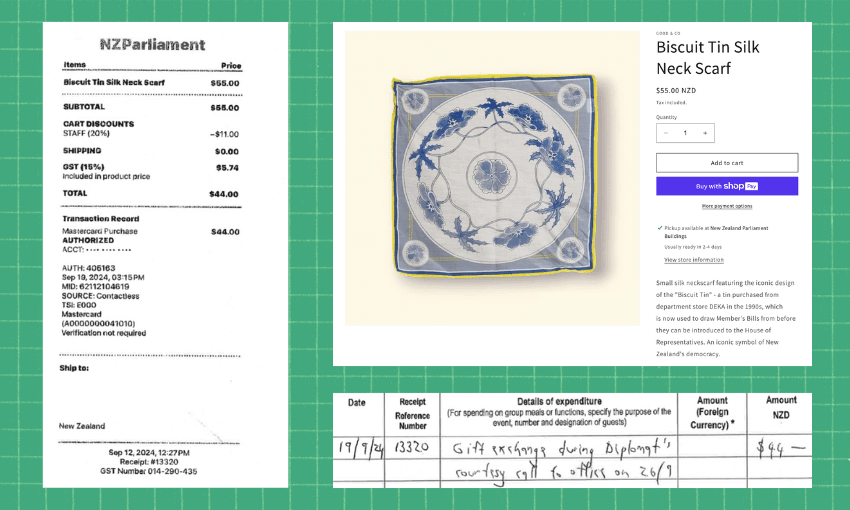 Receipt image for a Biscuit Tin Silk Neck Scarf purchased for $55 NZD at NZ Parliament. Next to it, a website page displays the same scarf, and below, a handwritten note mentions gifting it during a trip.