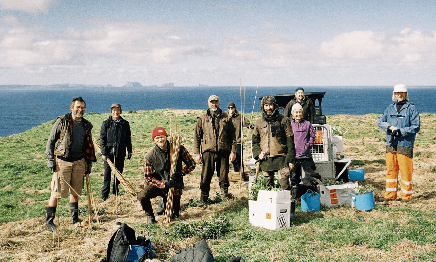 A photo of a group of people on a high plain above the sea in gardening year, with spades and tools for planting trees.