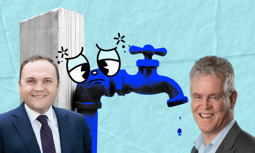 Two men in suits are next to a blue water faucet with cartoon eyes and a leaking drop, set on a textured blue background. The man on the left is in a dark suit and tie, while the one on the right has gray hair and an open-collared shirt.