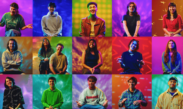 A collage of Gen Z interviewees against a rainbow background