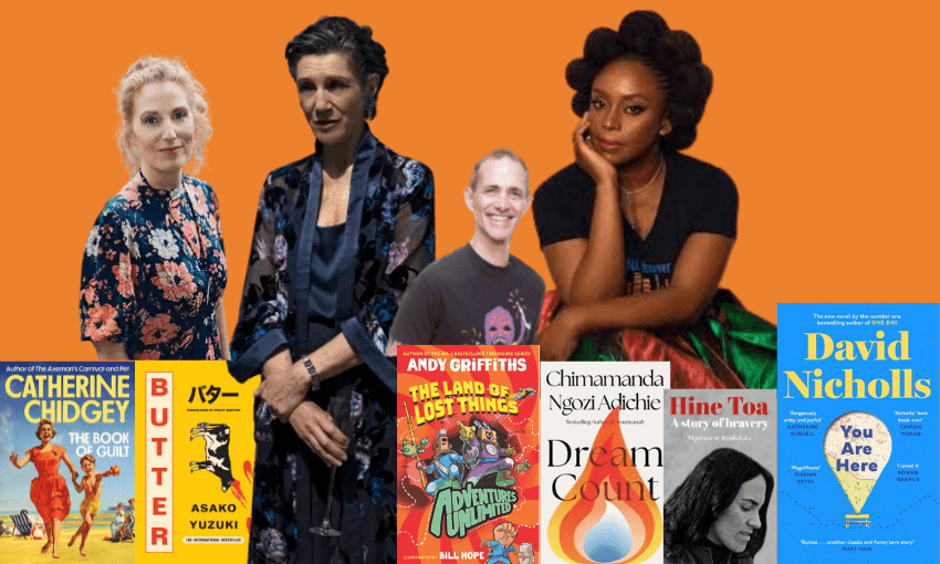 A collage of bookcovers and author photos of Catherine Chidgey, Harriet Walters, Andy Griffiths and Chimamanda Ngozi Adichie.