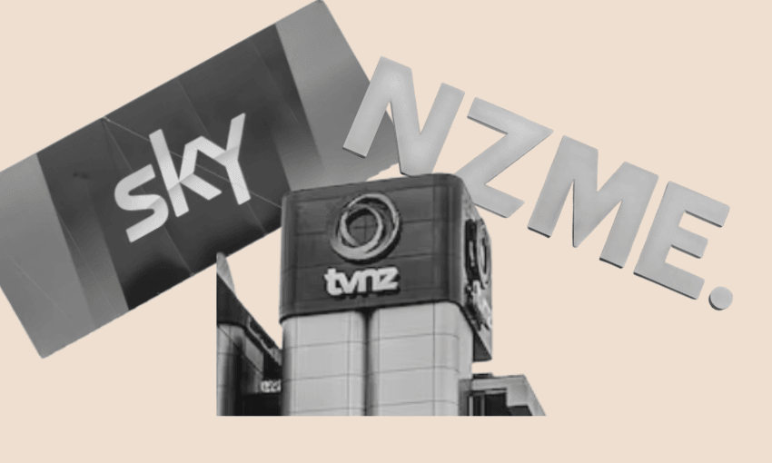 sky, nzme and tvnz logos in black and white on a beige background
