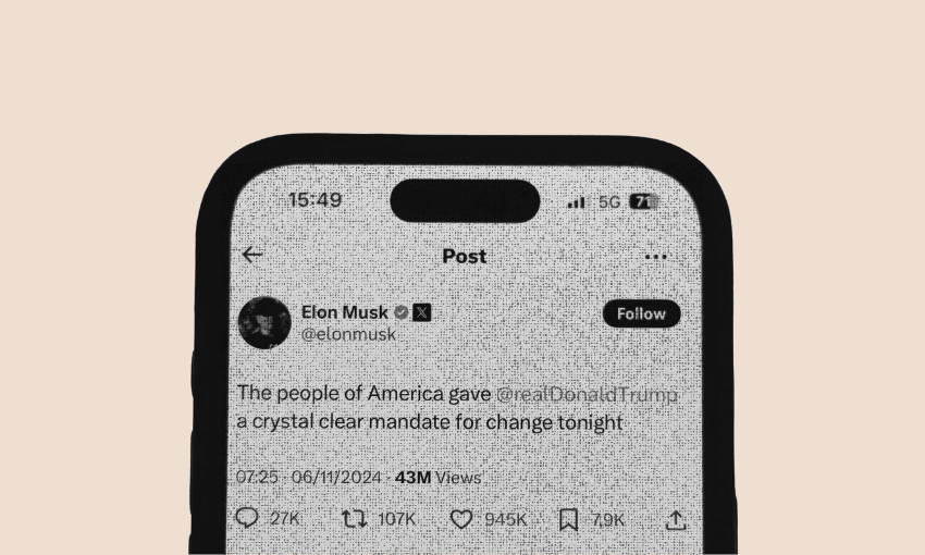 a phone with an elon musk election night tweet saying "the people of america gave @realdonaldtrump a crystal clear mandate for change tonight"