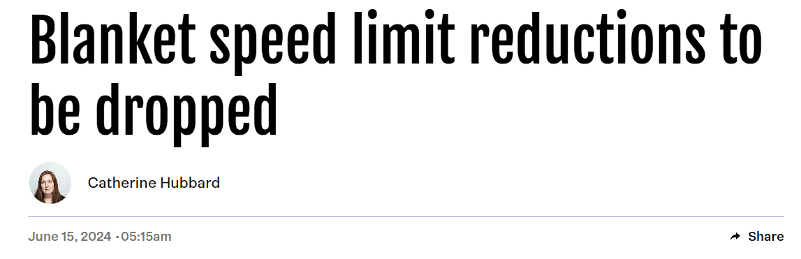 Headline stating "Blanket speed limit reductions to be dropped." Below is a small circular image of a person, with the name "Catherine Hubbard" and the date "June 15, 2024 - 05:15am" next to it.