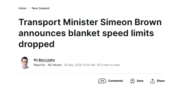 Screenshot of a news article headline from NZ Herald stating, "Transport Minister Simeon Brown announces blanket speed limits dropped." It includes a byline by reporter Ben Leahy, with a timestamp and reading time.