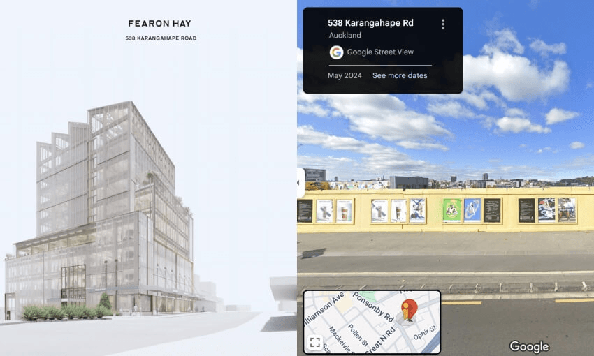 Split image: Left side illustrates an architectural design by Fearon Hay for 538 Karangahape Road, featuring a modern multi-story building. Right side shows a Google Street View with a beige wall on Karangahape Road in Auckland under a blue sky.