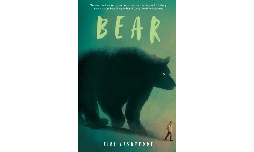 An image of the cover of Bear by Kiri Lightfoot which features an illustration of a huge bear and a small human figure in front of it.