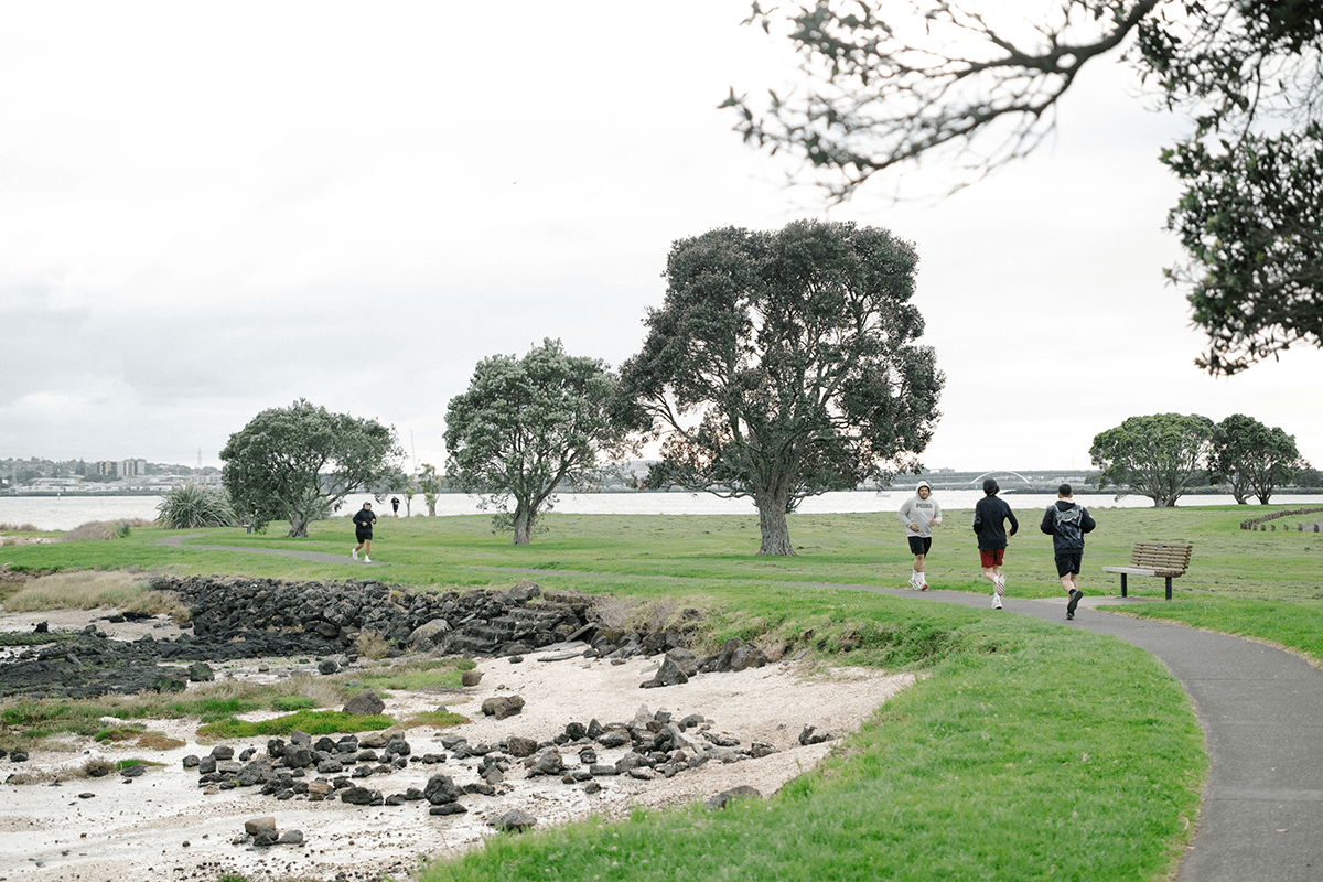people running along the shoreline on a path through grass