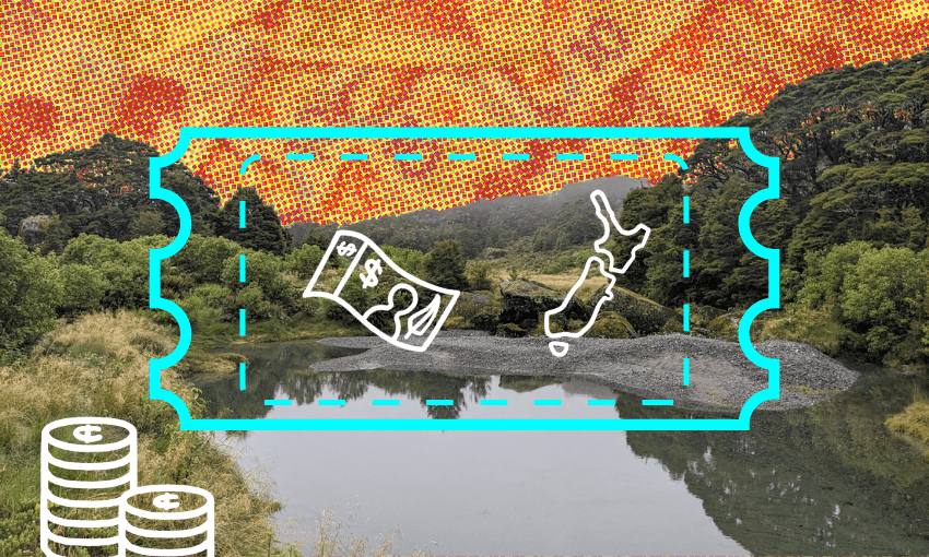 a tectured background of NZ notes, with an outline of a ticket in the centre and an NZ icon on top of that ticket. There's a photo of a pretty lake and some hilssi n the foreground (at the base of gertrude valley if you're interested) the kind of generic pretty nature there is heaps of in New Zealand, often protected as conservation land