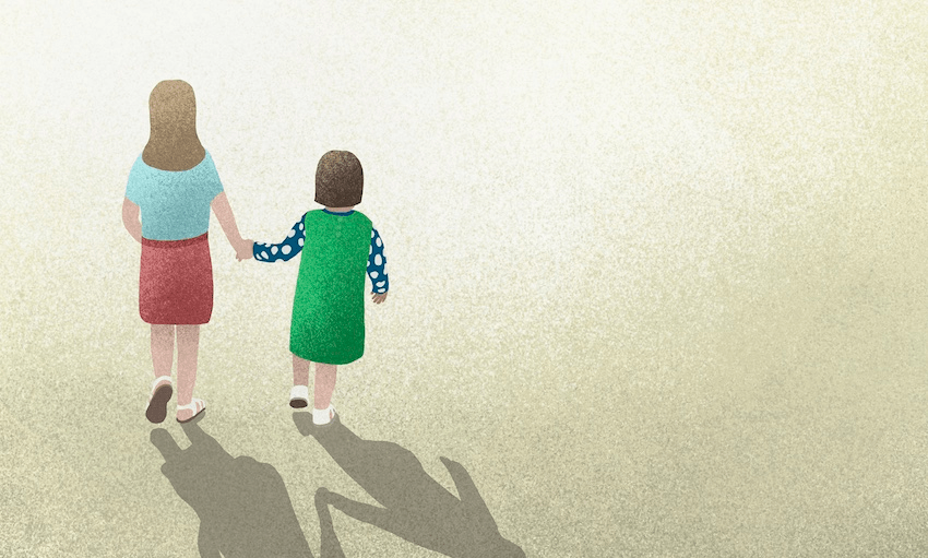 woman and child holding hands on yellow background - stock image