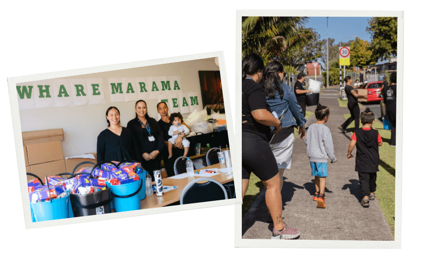 Left: Two women and a child stand near a table with blue buckets filled with snacks. "WHARE MARAMA TEAM" is on the wall. Right: A group of adults and children walk down a sunny sidewalk, some carrying bags.