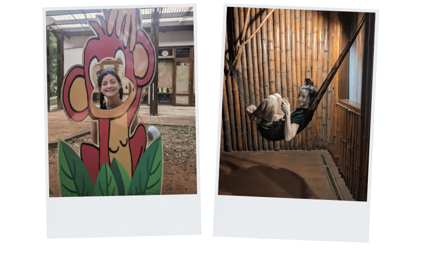 Two Polaroid photos: Left shows Gabi posing with a cartoon monkey cutout for the face. Right shows Gabi swinging in a hammock indoors, surrounded by wooden decor.