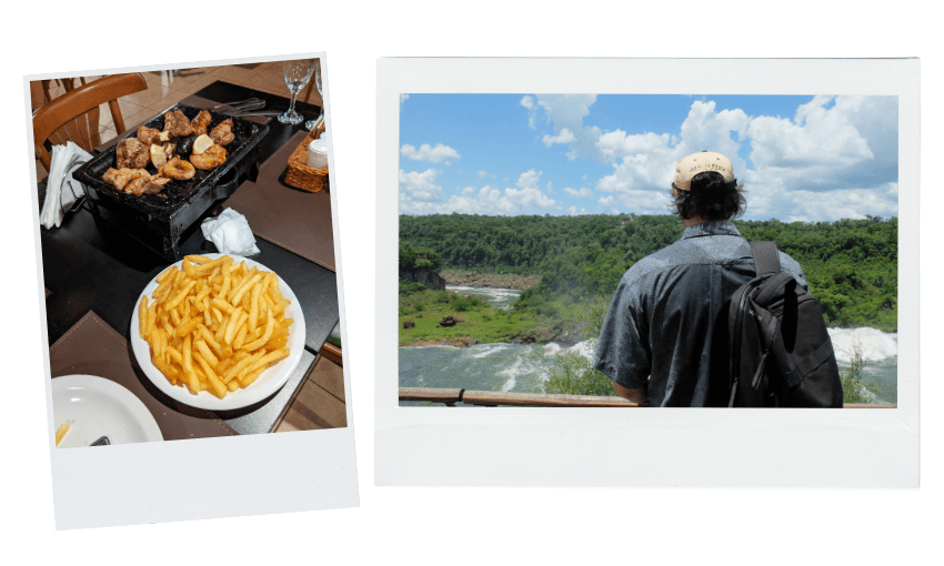Left photo: A sizzling platter of grilled meat with a side of French fries on a restaurant table. Right photo: A person wearing a cap and backpack looks at a scenic view of a lush green landscape and waterfalls under a blue sky.