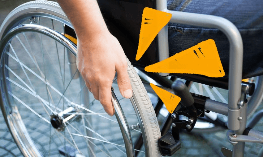 A zoomed in photo of a wheelchair user's wheel, and sketching for emphasis