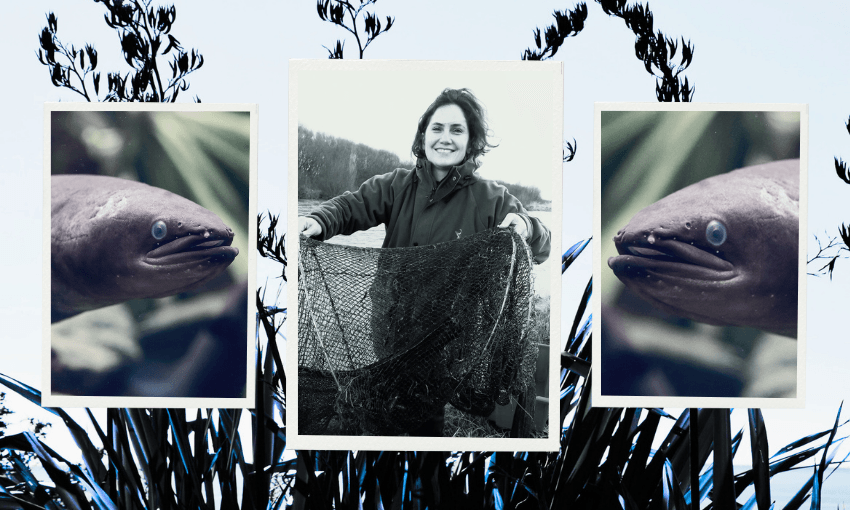 A collage features a black-and-white photo of a smiling researcher, Jane Kitson, holding a fishing net, flanked by two colour images of freshwater eels facing inward, with dark harakeke silhouettes in the background.