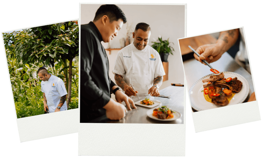 Left image: Chef picking herbs in a garden. Center image: Two chefs plating dishes in a kitchen. Right image: Hand adding sliced peppers to a plated dish.