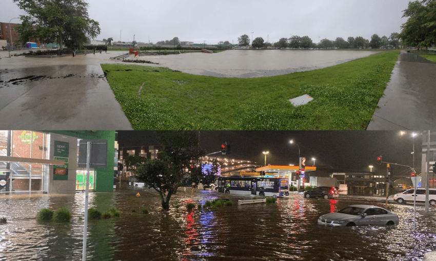 Top image: A flooded park area with grass partially submerged under water on a cloudy day. Bottom image: A nighttime street scene with heavy flooding; cars partially submerged in water beside a parking lot and illuminated by streetlights.