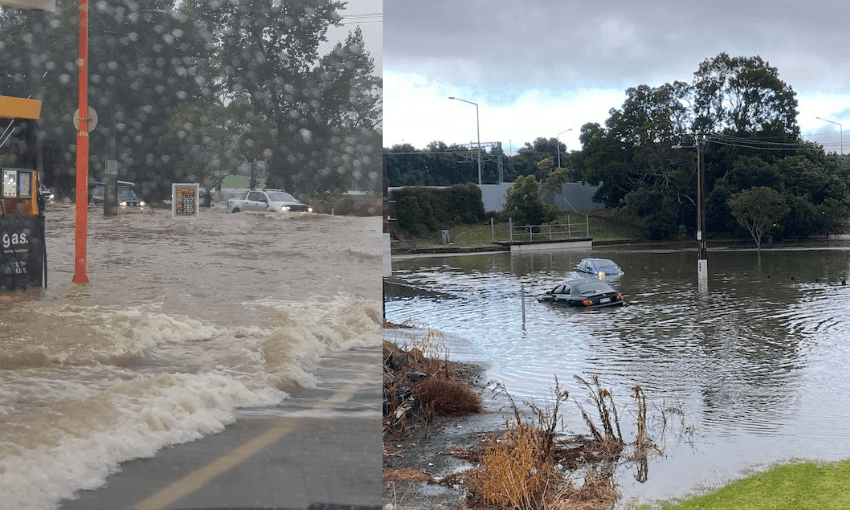 Side-by-side images show severe flooding: the left features cars navigating deep water near a gas station, and the right shows a car partially submerged in a flooded street with an umbrella on its roof. Trees and cloudy skies are in the background.