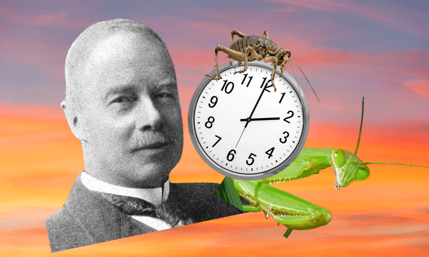 black and white headshot of George Hudson with a clock and praying mantis, over a sunset sky