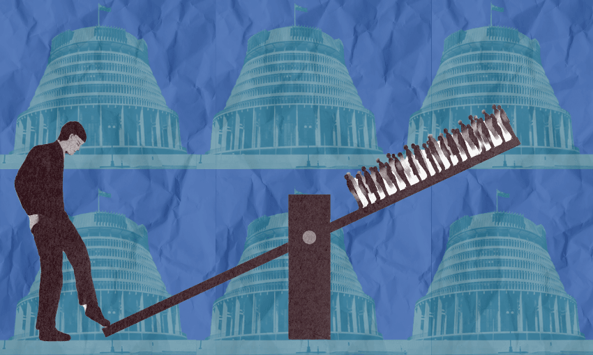 A person steps on one end of a seesaw, lifting a group of people on the other end, against a background of repeated images of a government building with a rounded dome.