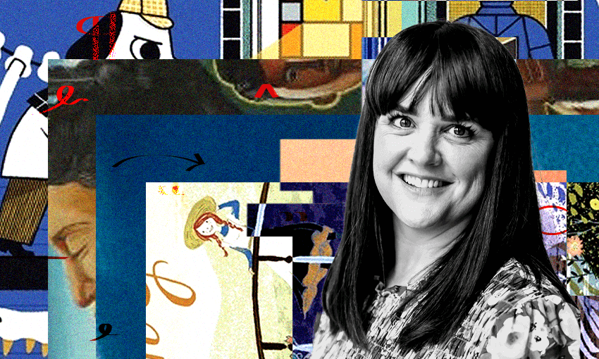 A photograph of Hannah Tunnicliffe with collage of book covers behind her.