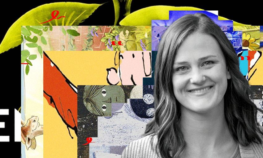 Illustrator and author Kimberly Andrews' photo with a collage of book covers behind her photo.