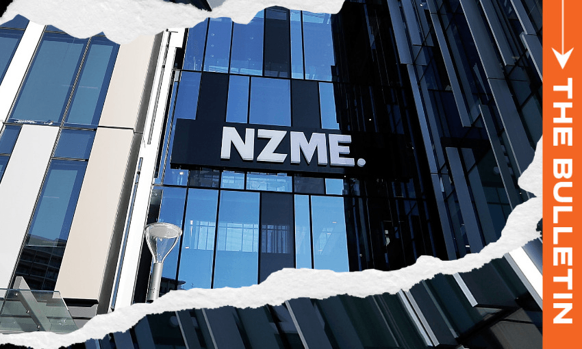 A modern glass building with the large letters "NZME" displayed on its facade. The foreground features a torn paper effect on the left and top edges, and an orange vertical strip on the right with "The Bulletin" written vertically.