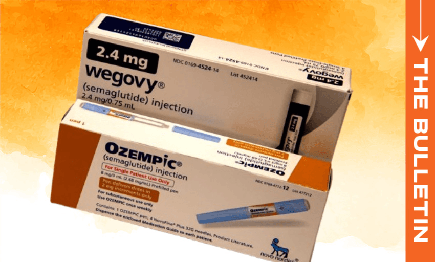 Boxes of Wegovy and Ozempic injections are displayed against an orange background. The packaging shows dosages and instructions for semaglutide, a medication used for diabetes and weight management. The side banner reads "The Bulletin.