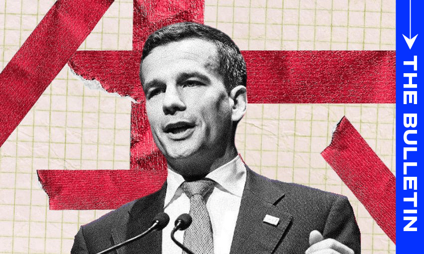 Regulation minister David Seymour and some of his hated red tape. (Image: Getty / The Spinoff) 
