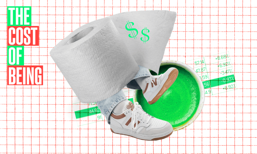 Collage of toilet paper rolls, legs in jeans and sneakers, a cup of green matcha, and dollar signs, with "THE COST OF BEING" in bold colored text on a red grid background with numbers.