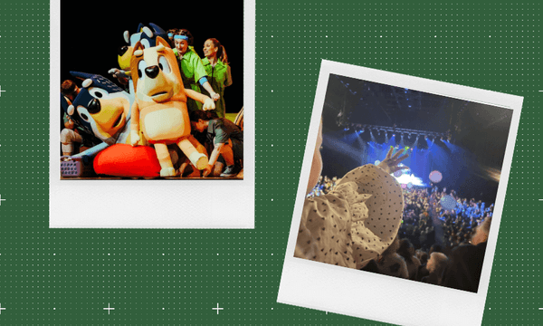 A scene from Bluey’s Big Play, and the moment immediately preceding ballgate (Photos: Tom Grut/ Live Nation; Alice Neville) 
