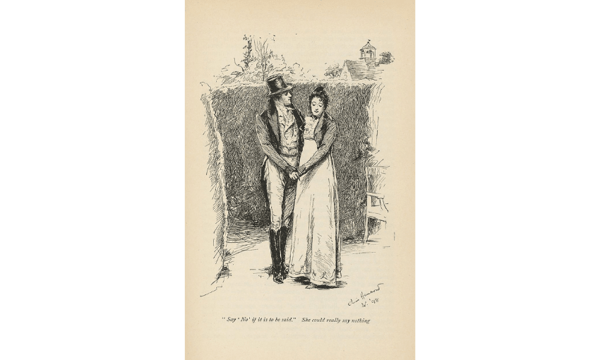 A black and white illustration of Emma and Mr Knightely ina 1898 edition of Emma by Jane Austen.