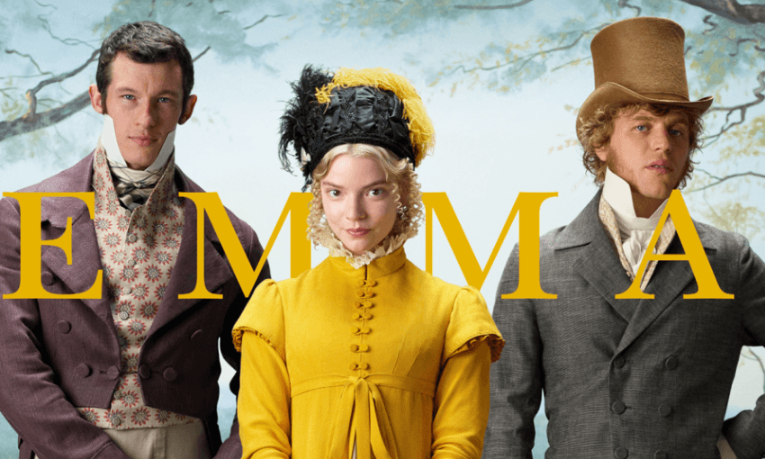 Anya Taylor-Joy as Emma, with Jonny Flynn as Mr Knightley (right) and Callum Turner as Frank Churchill (left). Anya Taylor-Joy is wearing a yellow dress.