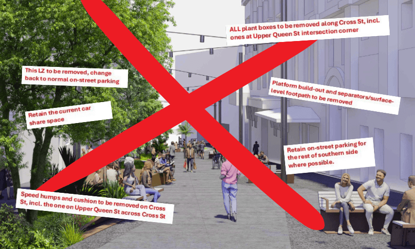 A street scene with trees, benches, and people sitting and walking. Large red X overlays the image. Labels indicate plans to remove plant boxes, speed humps, and footpath, and to retain on-street parking and car share space.